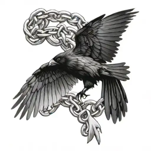 A Flying Raven Getting Caught By Chain Wrapped