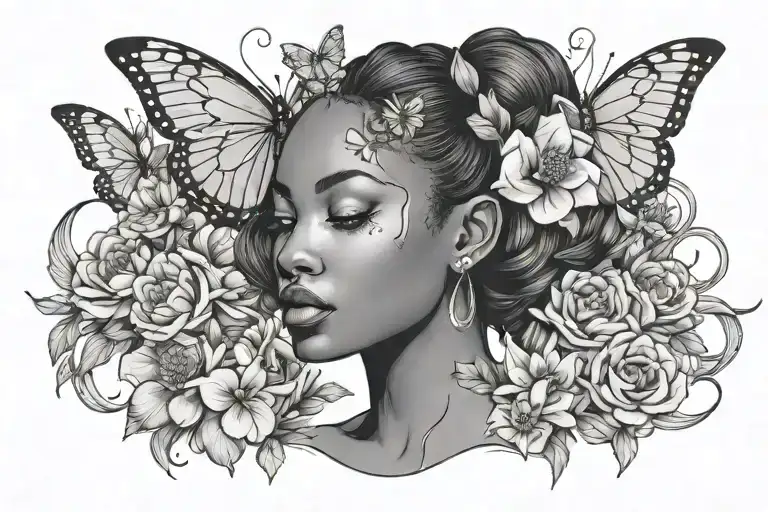 Black Woman With Butterfly Wings And Flowers Blooming
