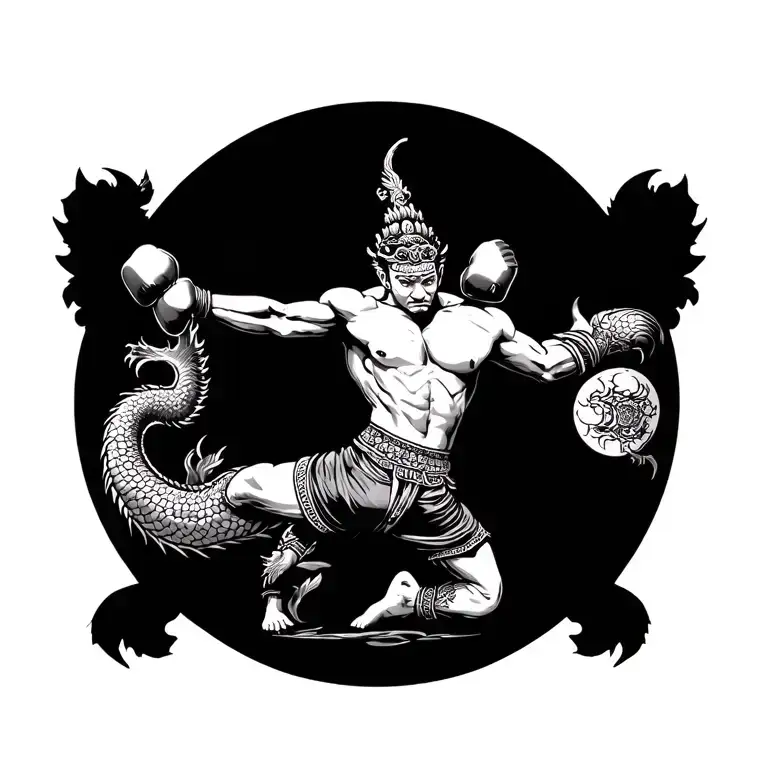 Traditional Thai Style Tattoo Depicting A Naga Fighting A Kick Boxer Full Back