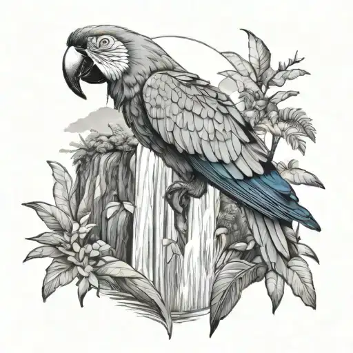 Costa Rica Waterfall With Macaw