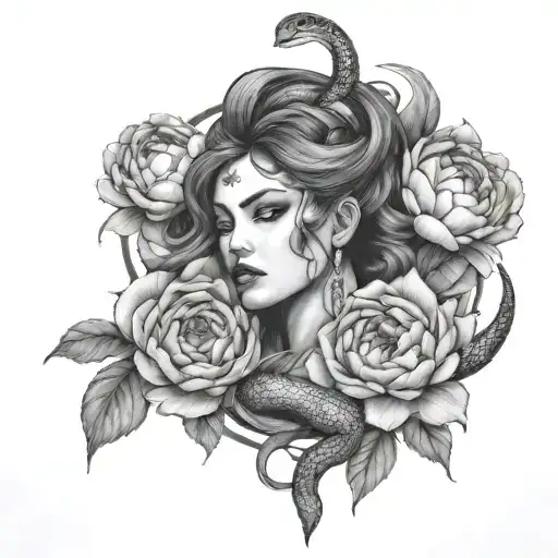 Fierce Goddess With White Eyes And Peonies And A Snake Intertwined Within