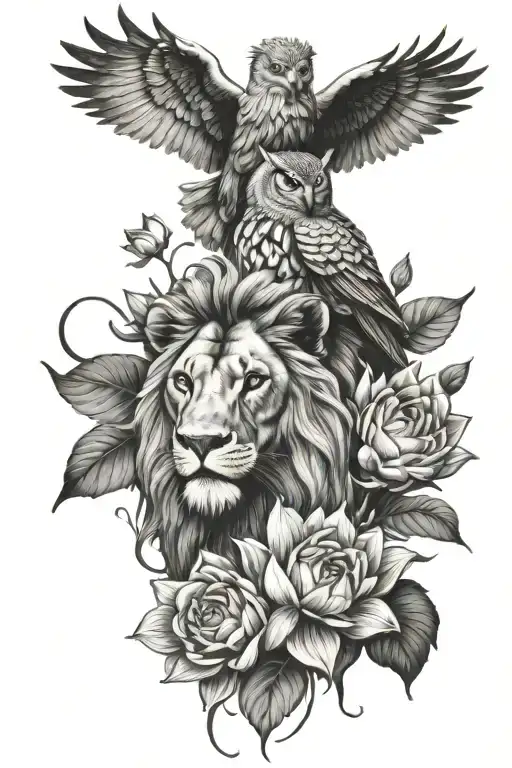Lion And Owl And Lotus Flower