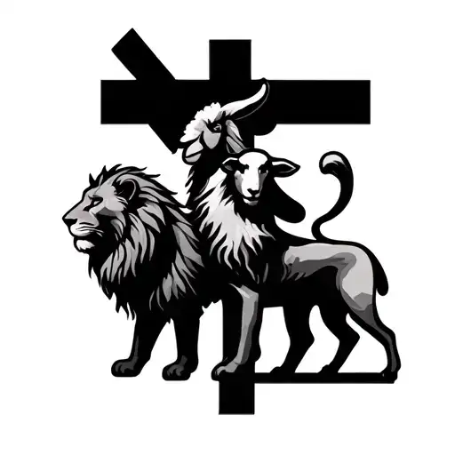 Simple Cross With A Lion Out Of One Side And A Lamb On The Other