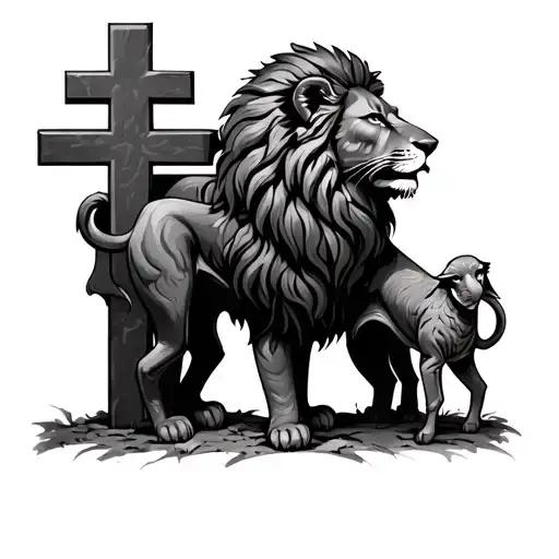 Simple Cross With A Lion Out Of One Side And A Lamb On The Other