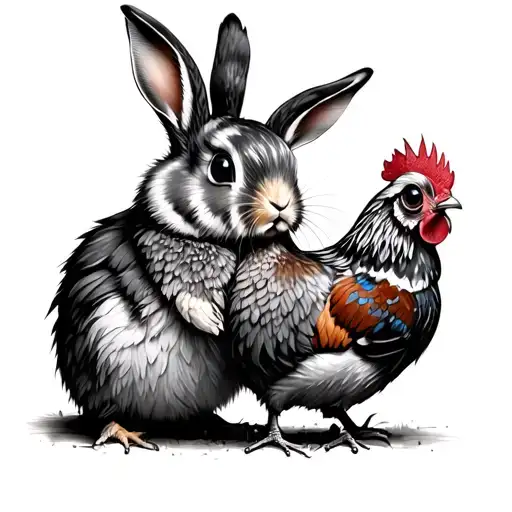 Motherly Rabbit Huddled With Baby Rooster Perched