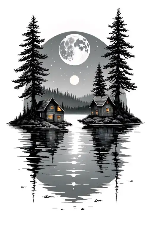 Pine Trees Looking Over Lake Small Houses And The Moon Is In The Center