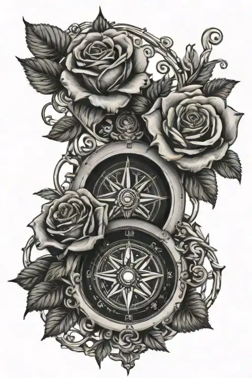 Roses In Red With Vines Surrounding A Compass In Black And Grey