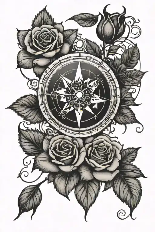 Rose In Red With Vines Surrounding A Compass In Black And Grey