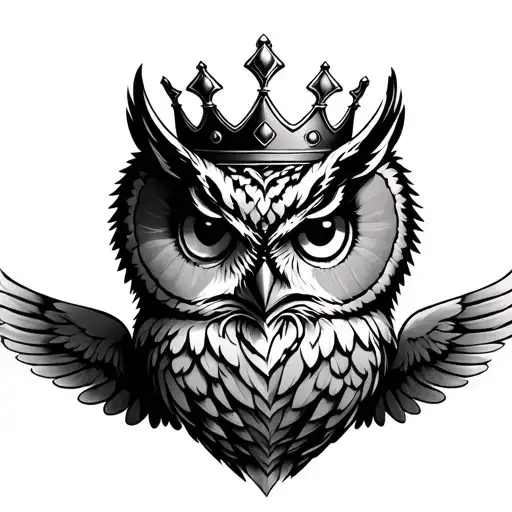 Owl With Crown Wings Spread On Chest