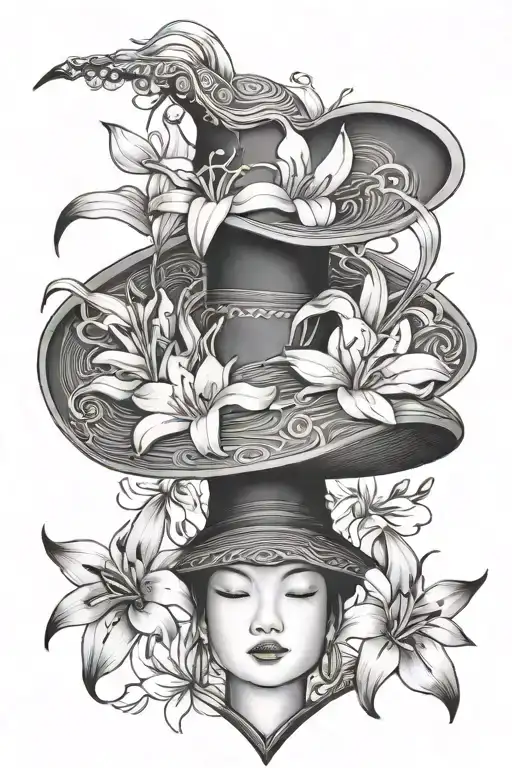 Asian Hat Surrounded By Lillies Blooming