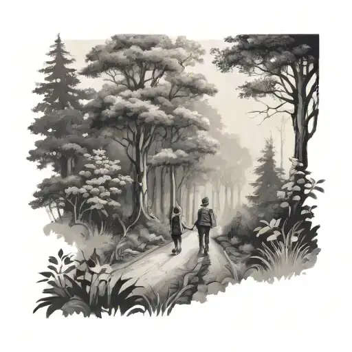 Leafy Forest With Road And Family Walking Hand In Hand