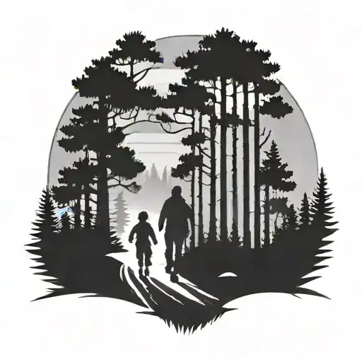 Pine Forest With Road And Family Walking Hand In Hand