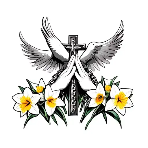 Prayer Hands With Chain And The Cross Over A Daffodils With A Dove Above The Prayer Hands
