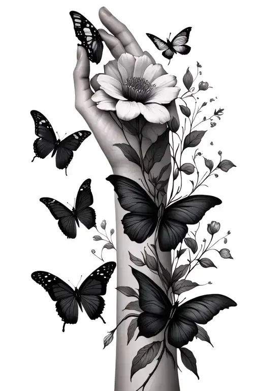 Fine Line Flowers That Wrap Around The Arm With Five Butterflies In Different Stages Of Flight