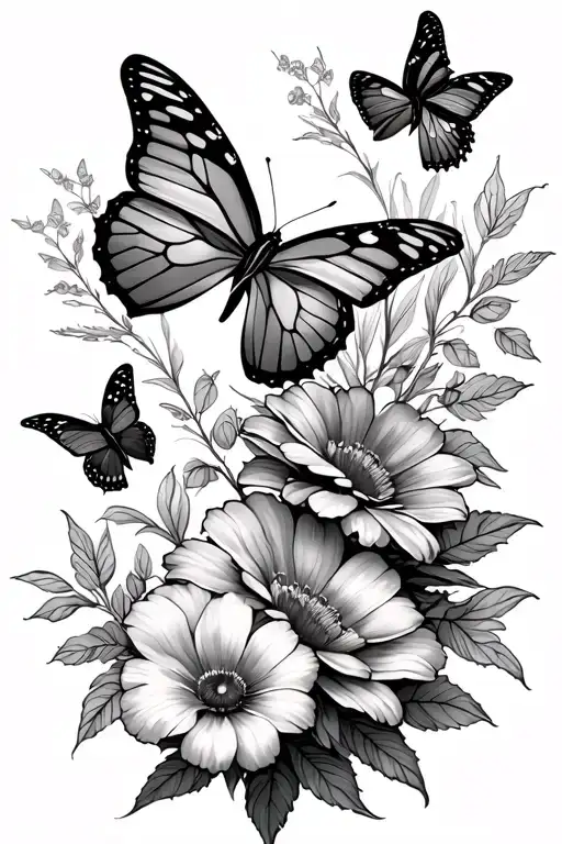 Fine Line Flowers With Only Five Butterflies In Different Stages Of Flight