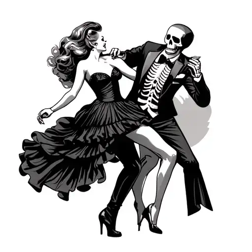 Pinup Girl Dancing With Hot Skeleton Man With Great Hair In A Tux