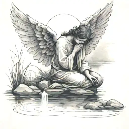 Angel Praying Next To Pond