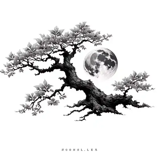 Japanese Cherry Tree With Moon Surrounded