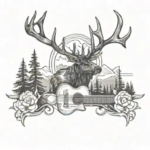 Elk Antlers With A Guitar And Mountains