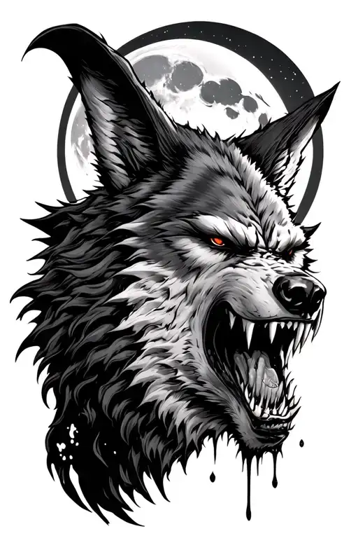 Half Body Snarling Werewolf And Blood Moon