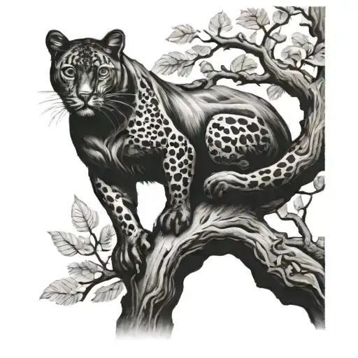 Panther In A Tree Branch Overlooking A Pond With A Mermaid