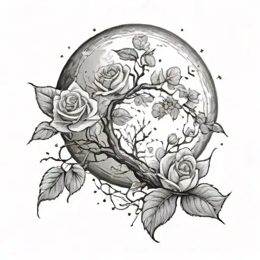 A Moon With A Rose Inside And A Flowering Tree