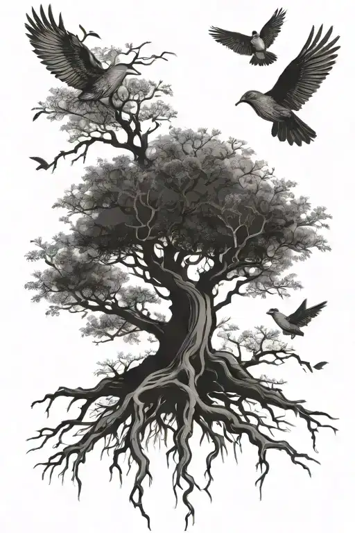 Tree Branches Roots Birds Flying Away