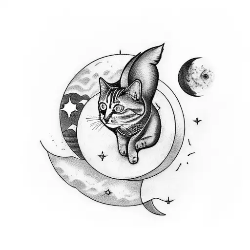 A Black-grey Tattoo Of A Celestial Scene With A Cat Sitting On A Crescent Moon