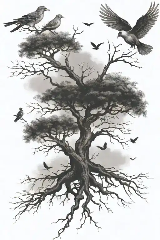 Tree Branches Roots Birds Flying Away