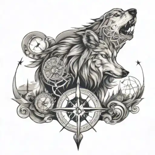 Wolf And Compass And Moon In The Sky