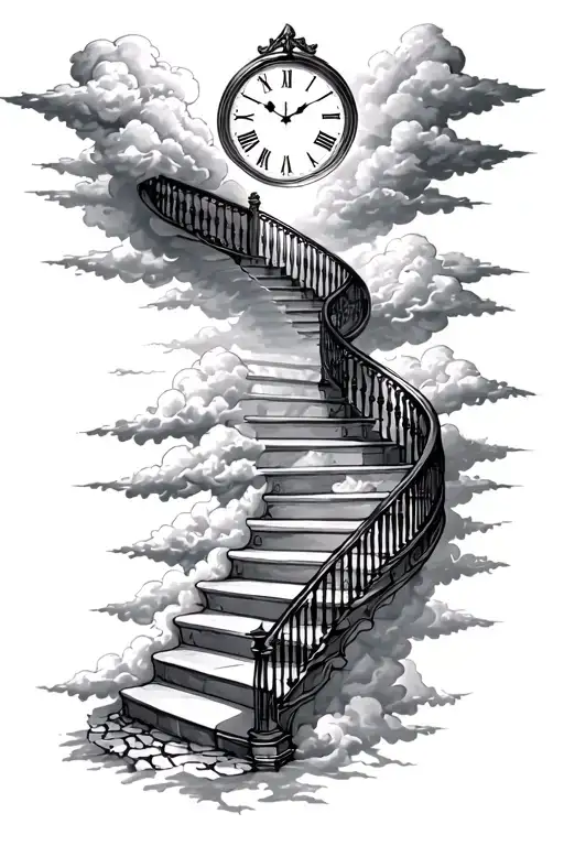 Stairway To Heaven That Makes A 45 Degree Turn With A Clock In The Turn And Clouds Surrounding