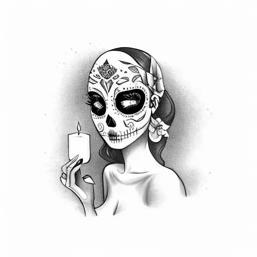 Sexy Day Of The Dead Girl Wearing A Cloak Holding A Candle With Calla Lily And 2 Coins