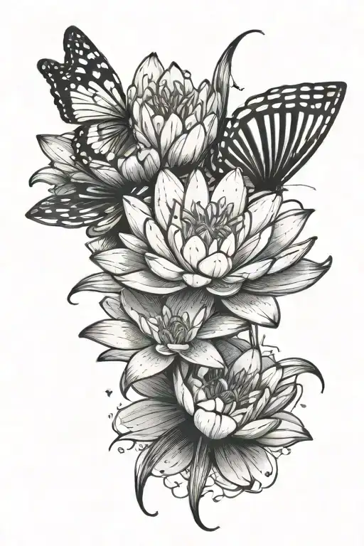 Water Lily Spine Tattoo With Small Butterfly