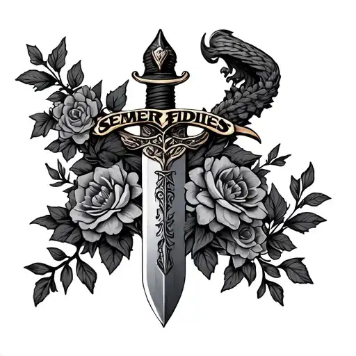 Sword With Semper Fidelis On The Blade And Vines With Flowers Wrapped Around