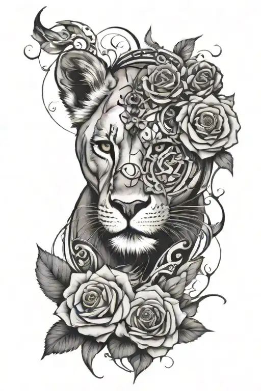 Lioness Head With Broken Clocks Over The Face And Roses Surrounding It With Abstract Swirls