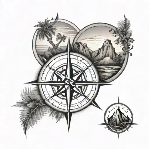 Matching Father And Son Tattoos Of A Compass Rose With Joshua Trees And Mountains As The Backdrop