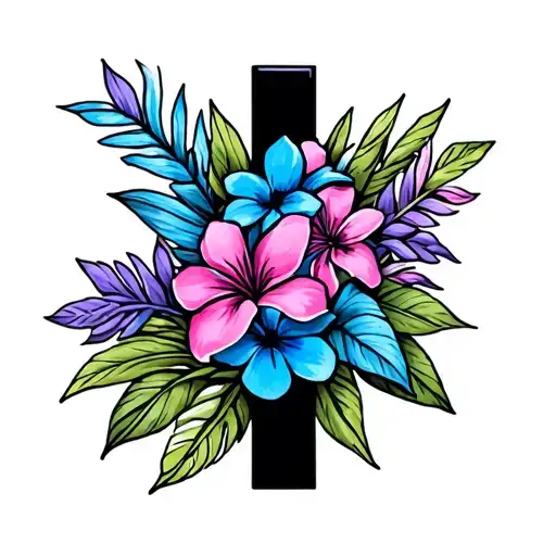 Cross With Hawaiian Flowers Colored With Blue Pink And Purple