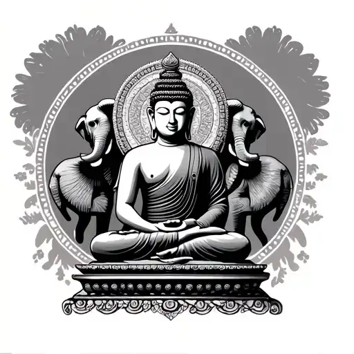 Seated Buddha In A Stamp With Elephant Surrounded