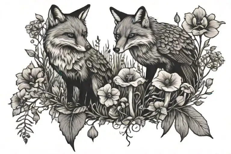 Fox Crow Mushroom Forest Flower