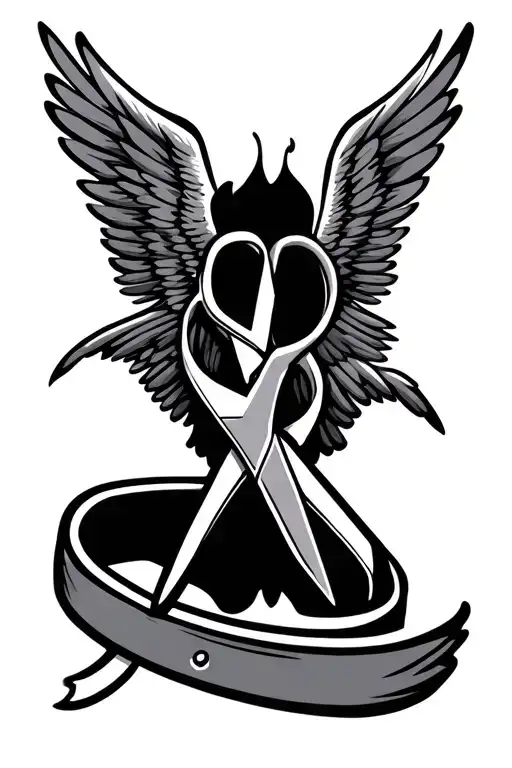 Tailor Scissor With Cancer Ribbon Intertwined Within With Wings