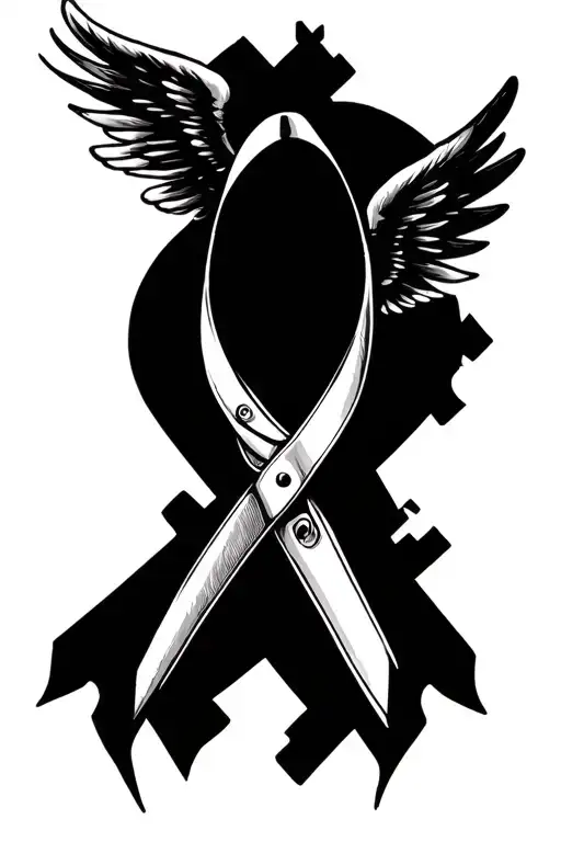 Tailor Scissor With Cancer Ribbon With Wings Coming Out Of The Ribbon