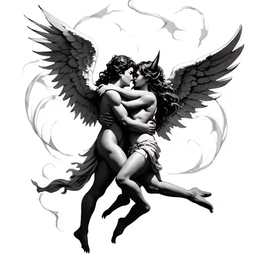 An Angel And Devil Hugging In The Air