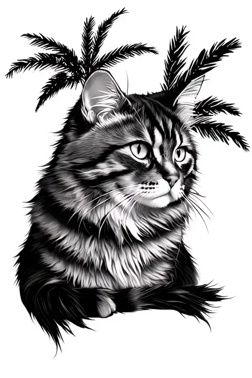 Maine Coon Cat Met Palm Tree Branch
