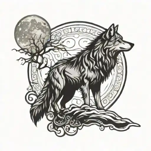 Wolf Silhouette With Raven And Moon