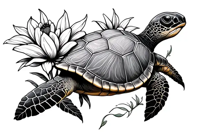 Flowers And A Sea Turtle