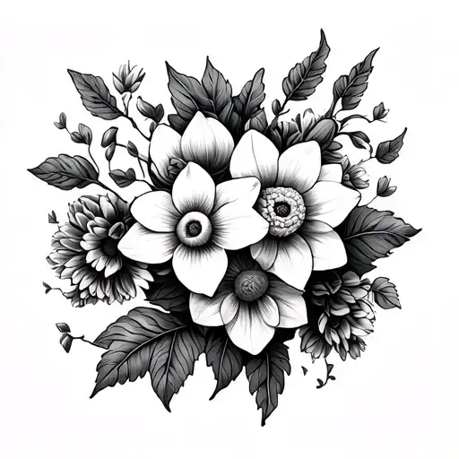 Daffodil And Chrysanthemum On A Vine Wrapping Around Shoulder