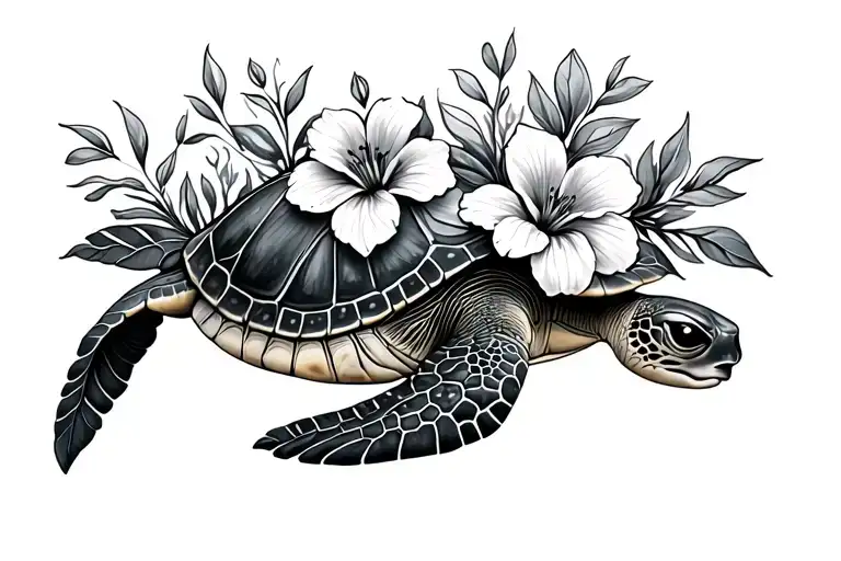 Flowers And A Sea Turtle Small Coverup