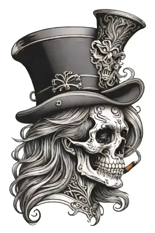Female Long Haired Skull With Top Hat Smoking
