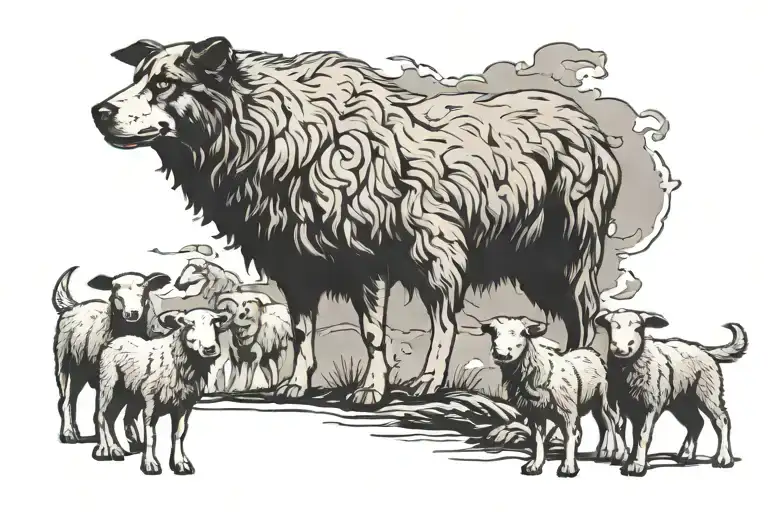 A Dog Protecting A Small Flock Of Sheep From A Wolf