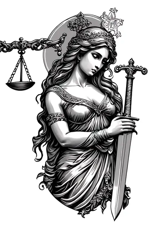 Libra Lady Justice Tattoo With Sword And Scales